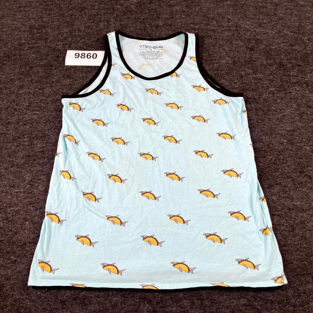 Fifth Sun Tank Top Mens Medium Blue Taco Shark Funny Novelty Graphic Cotton